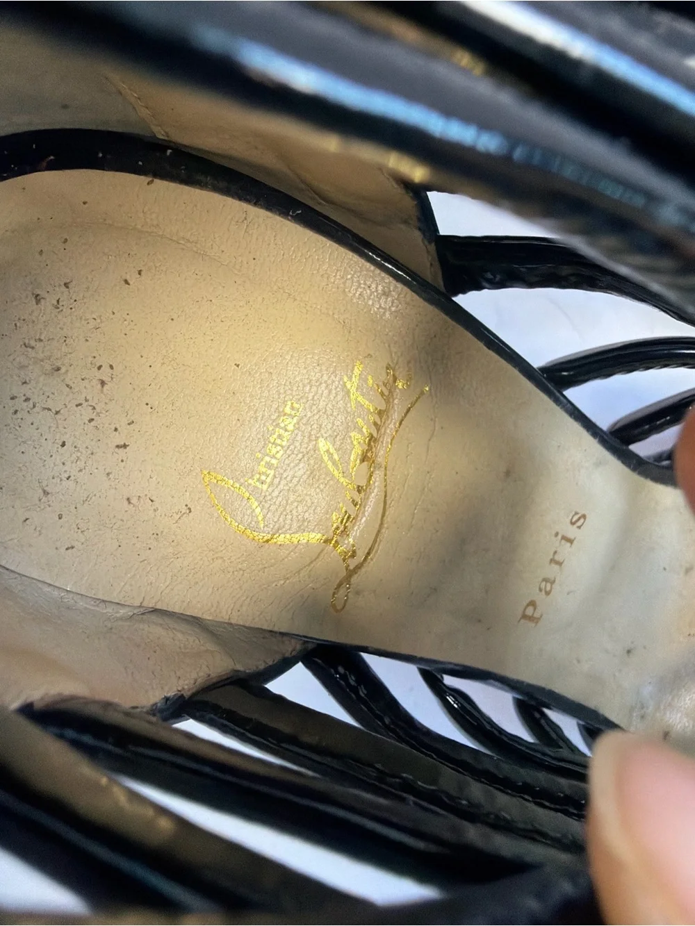 Christian Louboutin Manovra 70 Black Patent Leather Strappy Sandal Heels Size 39